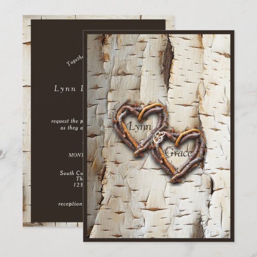 Witte berk boom bast rustieke stok harten kaart (Voorkant / Achterkant)