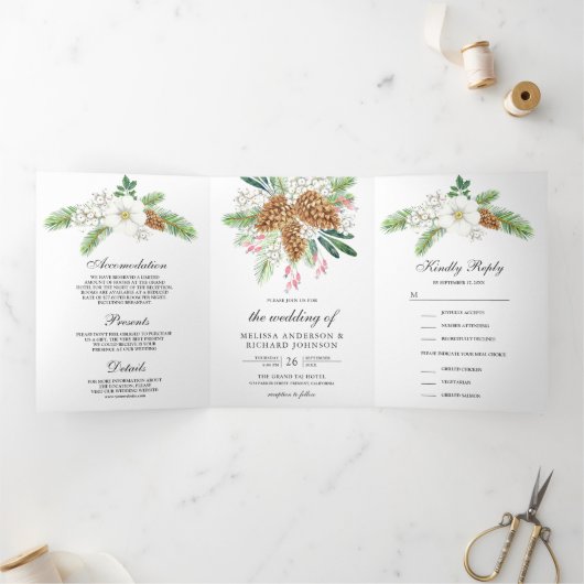 Witte bessen dennenappels 3 in 1 Kerstmis bruiloft Drieluik Uitnodiging (Binnen)