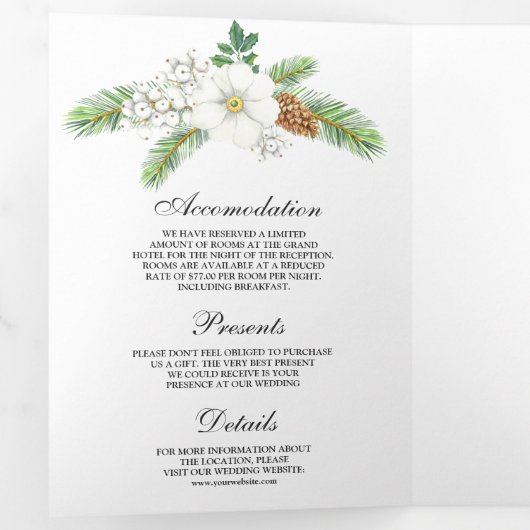 Witte bessen dennenappels 3 in 1 Kerstmis bruiloft Drieluik Uitnodiging (Binnenzijde eerst)