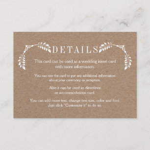 Witte bladeren karton trouwdetails insert kaart