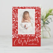 Witte bladeren rood foto Kerstmis Geboorte Aankondiging (Staand voorkant)