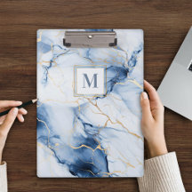 Witte Blau Gouden Marmeren Monogram Klembord