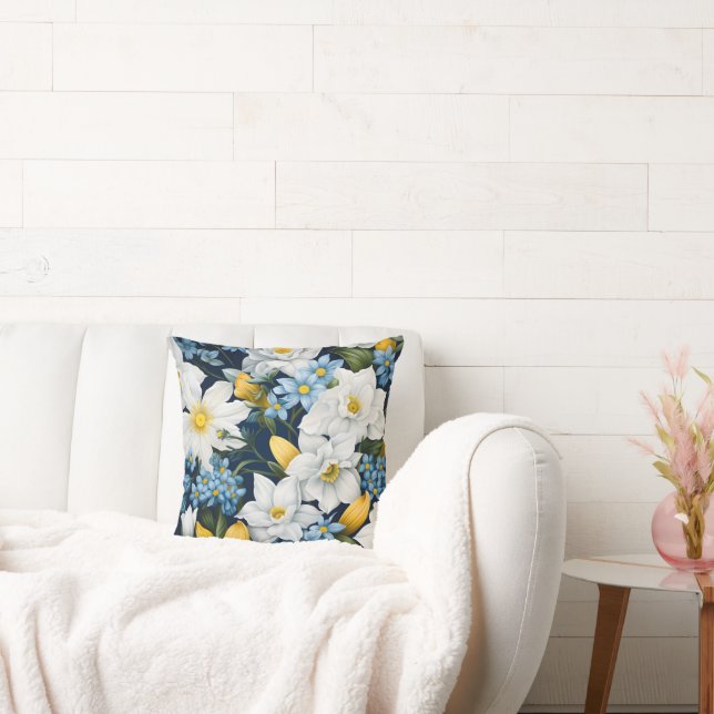 Witte Blauwe Bloemen Kussen (Bank)