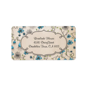 witte blauwe bloemen op beige etiket