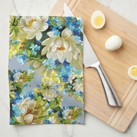 Witte blauwe en gele bloemen theedoek (Quarter Fold)
