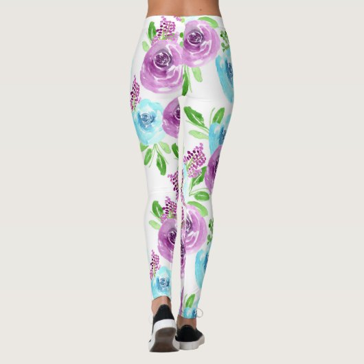 Witte blauwe en paarse bloem leggings (Achterkant)