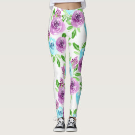 Witte blauwe en paarse bloem leggings