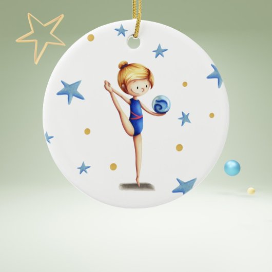 Witte, blauwe en zwarte ritmische gymnast met koge keramisch ornament