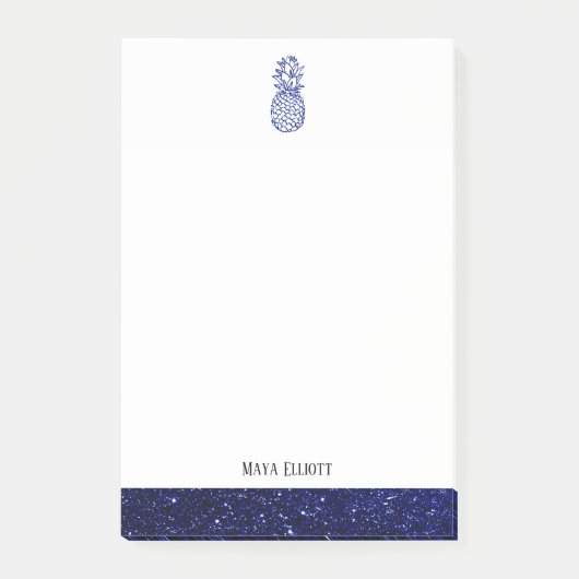 Witte + Blauwe Faux Glitter Ananas & Rand, Naam Post-it® Notes (Voorkant)