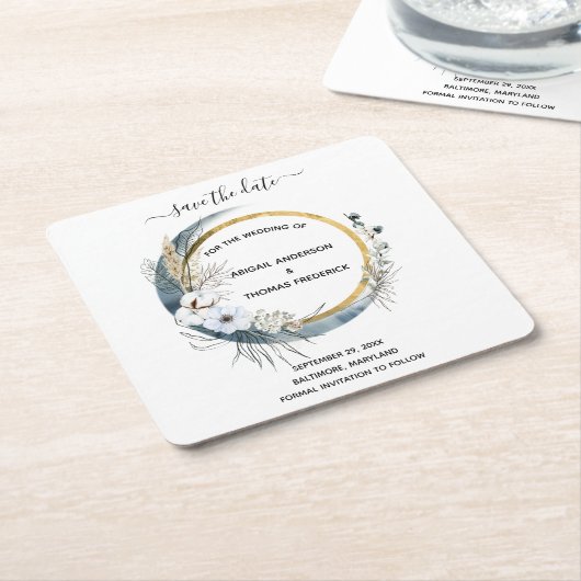 Witte Blauwe Floral Waterverf Elegant Wedding Vierkante Kartonnen Onderzetter (Schuin)