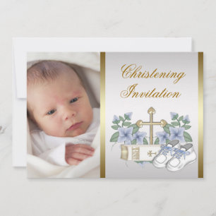 Witte Blauwe Gouden Baby Jongen Foto Doopfeest Kaart