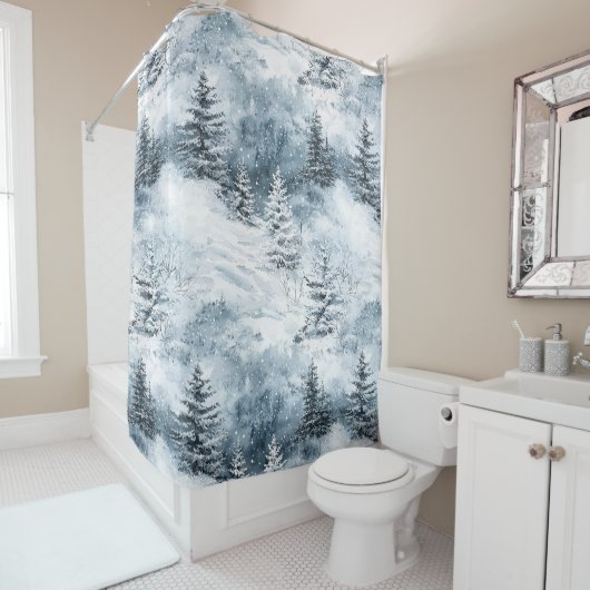 Witte blauwe kerstbomen wintersneeuw douchegordijn (In situ)