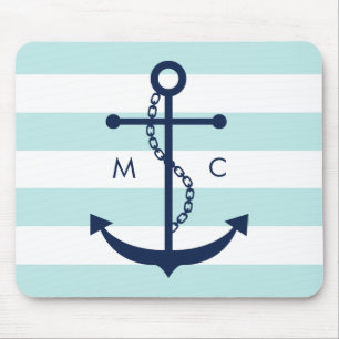 Witte blauwe mint monogram Stripes Anchor Muismat