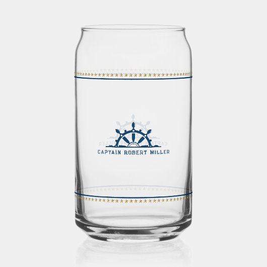 Witte & Blauwe Nautische Boot Wiel Gouden Sterren Blikvorm Glas (Voorkant)
