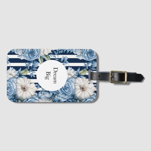 Witte Blauwe Strepen Bloemen Bagagelabel (Voorkant (horizontaal))