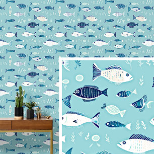 Witte Blauwe Vis Zwemmen op Licht Aqua Blauw Behang