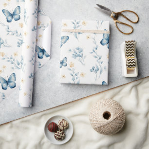 Witte Blauwe Vlinders Bloemen Verjaardag Cadeaupapier