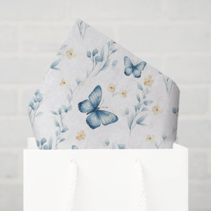 Witte Blauwe Vlinders Bloemen Verjaardag Tissuepapier