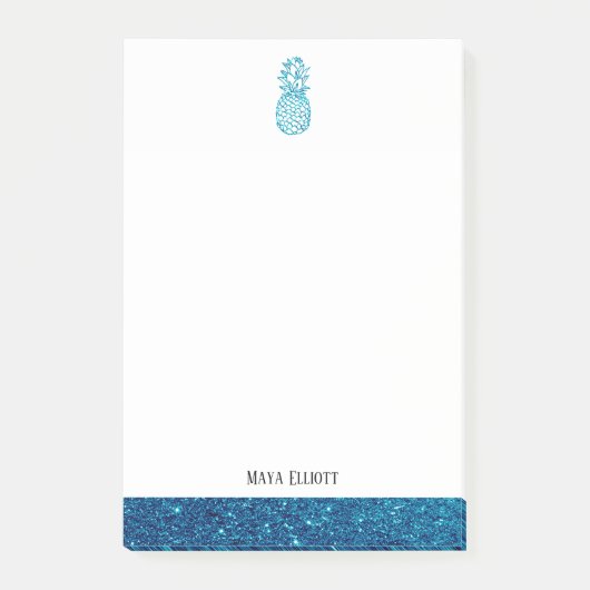 Witte + Blauwgroen Faux Glitter Ananas & Rand, Naa Post-it® Notes (Voorkant)