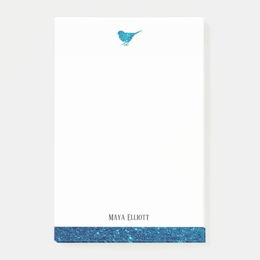 Witte & Blauwgroen Faux Glitter Vogel w / Rand, Na Post-it® Notes (Voorkant)