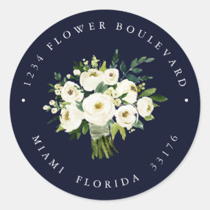 Witte Bloem Blauw Boeket Botanisch Retouradres Ronde Sticker