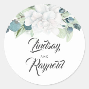 Witte Bloem en Eucalyptus Groen Bruiloft Ronde Sticker