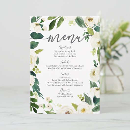 Witte Bloem en Groene Bruiloft Menu Kaarten (Staand voorkant)
