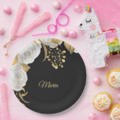 witte bloem goudblad zwart papieren bordje (Feest)