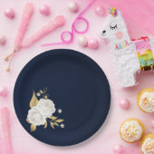 witte bloem goudbladeren blauw papieren bordje (Feest)