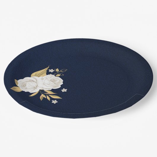 witte bloem goudbladeren blauw papieren bordje (Gekanteld)