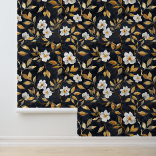 Witte bloem Gouden blad op zwart Behang