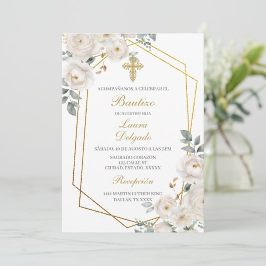 Witte bloem met lijst Doopuitnodiging Kaart (Staand voorkant)