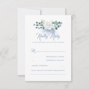 Witte Bloem Stoffig Blauw Bruiloft RSVP Kaartje