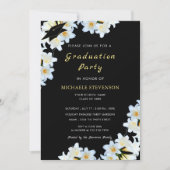 Witte Bloem Zwart Afstuderen Invitation Gouden Tek (Voorkant)