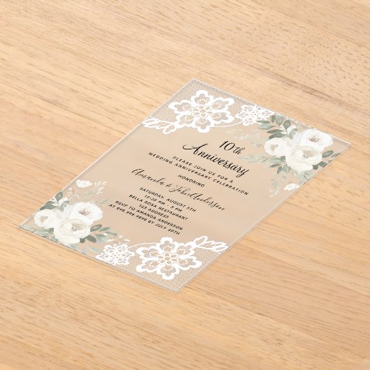 Witte bloemen 10e huwelijksverjaardag acryl uitnodigingen (Laagn)