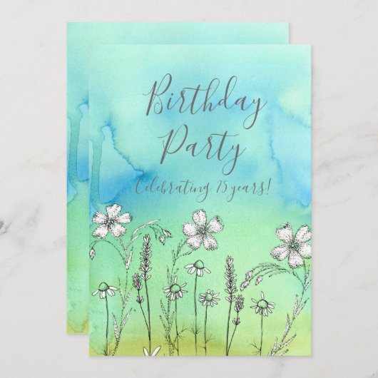 Witte bloemen 75e verjaardag uitnodiging (Voorkant / Achterkant)