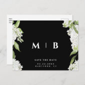 Witte Bloemen B/W Monogram Bruiloft Save the Date Briefkaart (Voorkant / Achterkant)