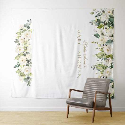 Witte Bloemen Baby Shower Photo Booth Achtergrond Wandkleed (In Situ (horizontaal))