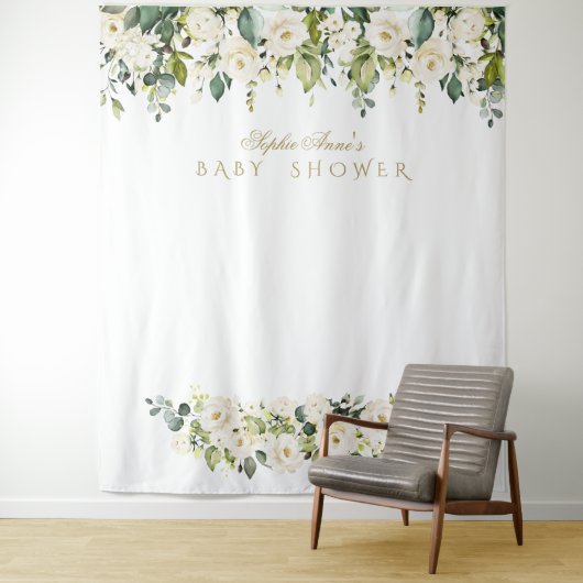Witte Bloemen Baby Shower Photo Booth Achtergrond Wandkleed (In situ)