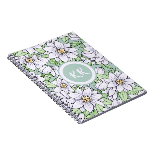 witte bloemen bladeren Monogram Notitieboek (Rechterzijde)