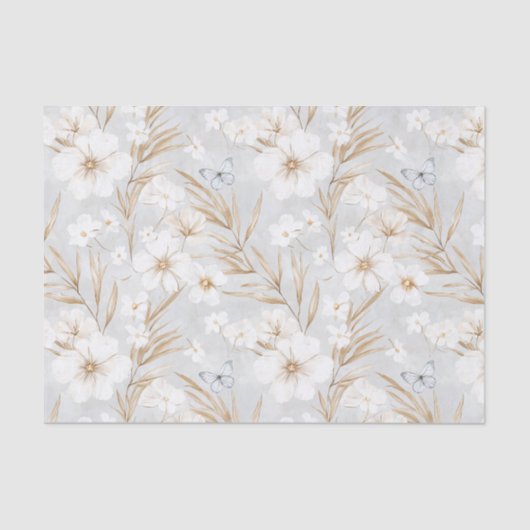 Witte Bloemen Blauwe Vlinders Bruiloft Tissuepapier (Voorkant)