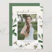 Witte Bloemen Botanische Foto Afstuderen Aankondiging (Voorkant / Achterkant)