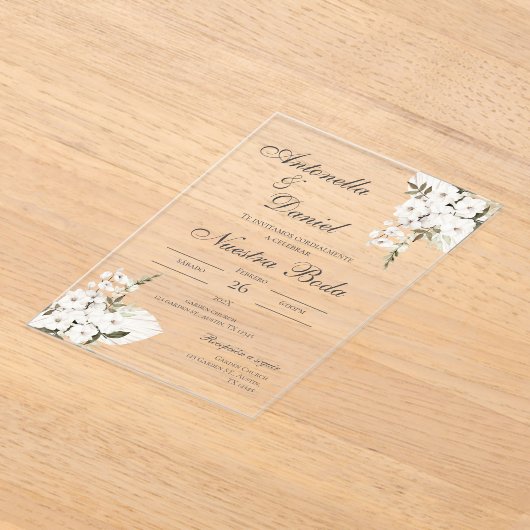 Witte Bloemen bruiloft acryl uitnodiging Spaans Acryl Uitnodigingen (Laagn)