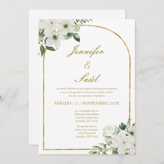 Witte Bloemen bruiloft uitnodiging in het Spaans (Voorkant / Achterkant)