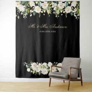 Witte Bloemen Bruiloft Zwarte Fotohokje Achtergron Wandkleed