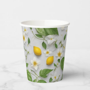 Witte Bloemen Citroenen Groene bladeren Patroon op Papieren Bekers