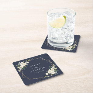 Witte Bloemen, Crème Bloemen, Groene Elementen, Tr Vierkante Kartonnen Onderzetter