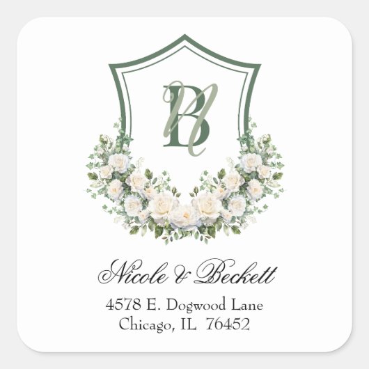 Witte Bloemen Crest Bruiloft Retouradres Vierkante Sticker (Voorkant)