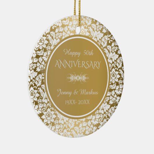 Witte Bloemen Damask- 50ste bruiloft Jubileum Keramisch Ornament (Rechts)