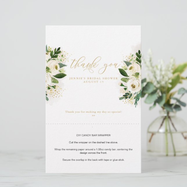 Witte Bloemen Dank u Snoep Bar Favor Wrapper (Staand voorkant)
